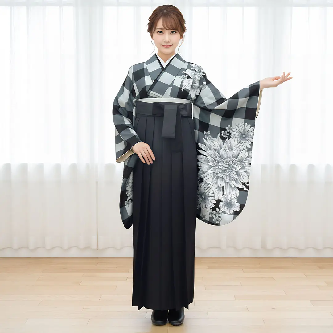 黒チェックにダリア・黒袴（ぼかし）（二尺袖）／卒業式 着用イメージ