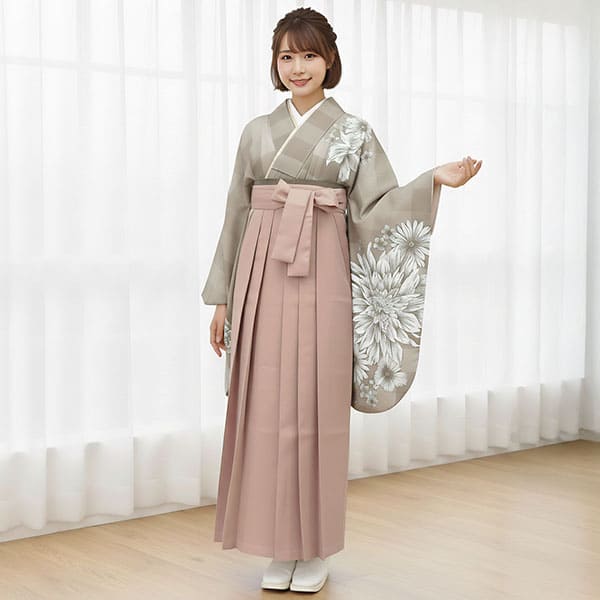 白茶チェックにダリア・モカ袴（無地）（二尺袖）／卒業式