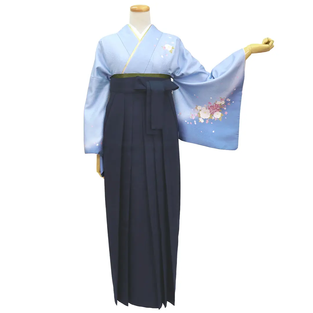 【先生におすすめ】青地に牡丹・紺袴（無地） （小袖）／卒業式／正面