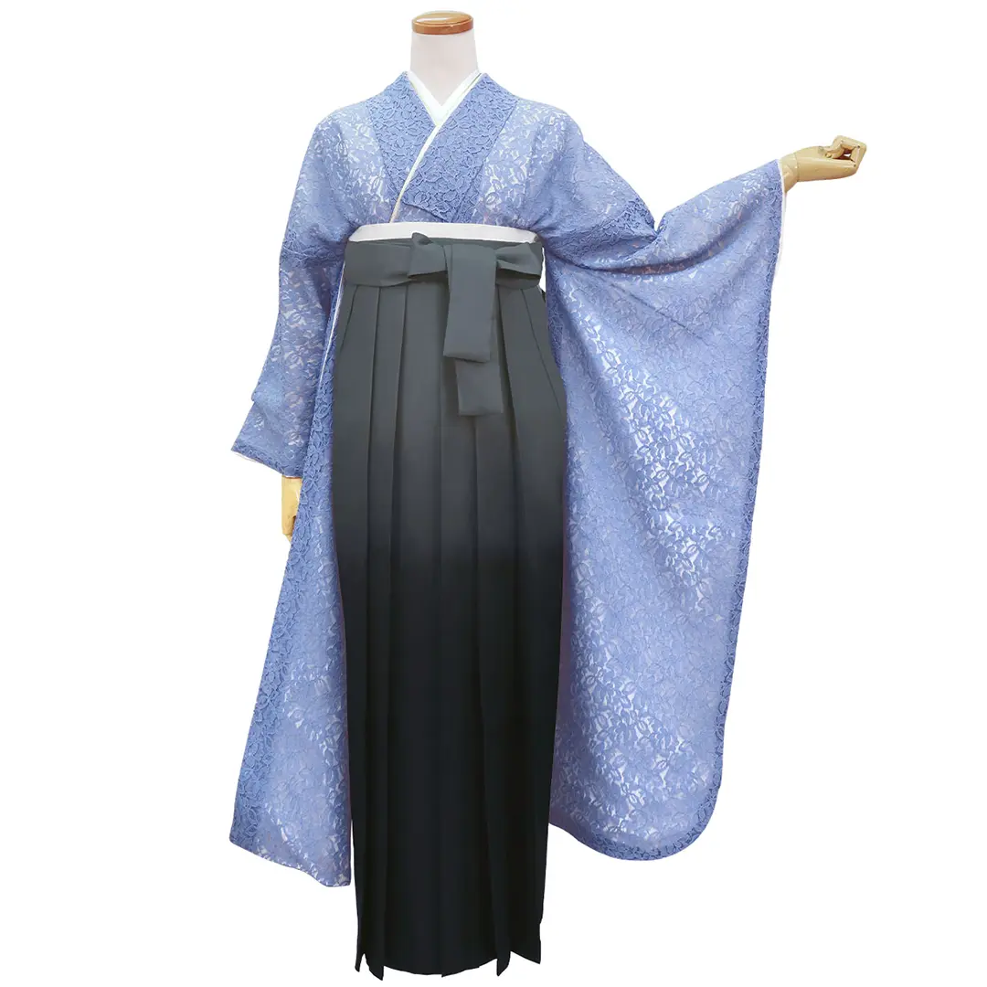 青レースの振袖・黒袴（ぼかし） （振袖）／卒業式 | 宅配着物レンタル