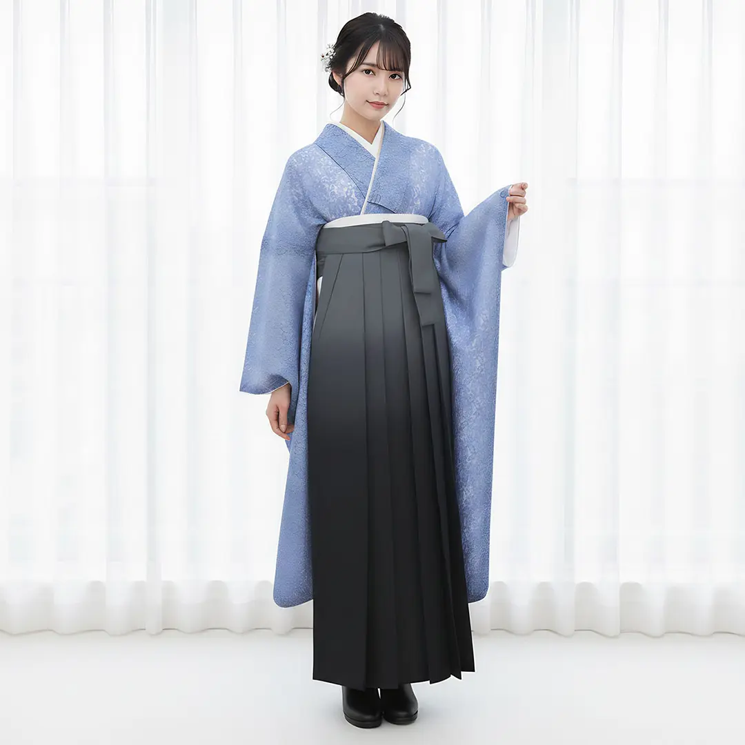 青レースの振袖・黒袴（ぼかし） （振袖）／卒業式 | 宅配着物レンタル