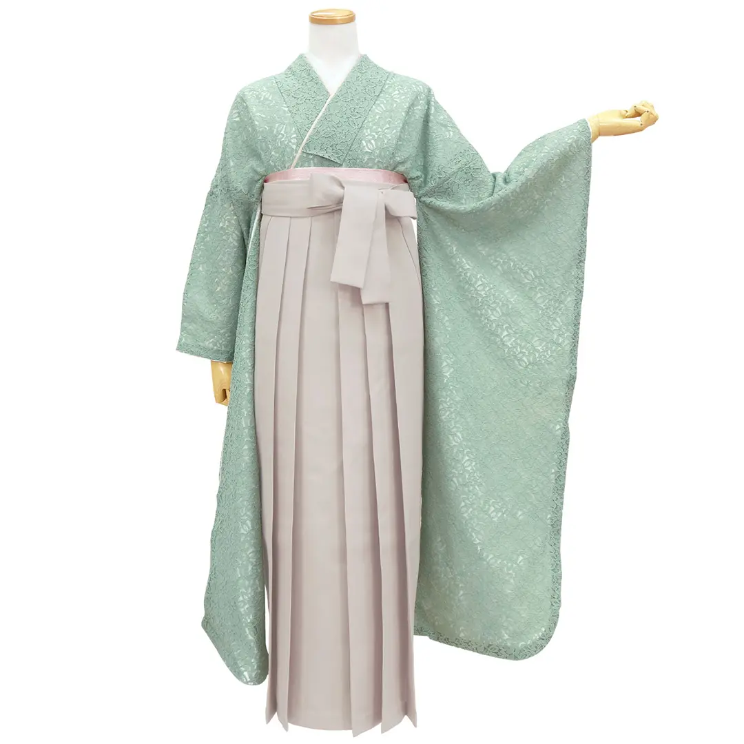専用です☆薄ピンクにミントグリーンの着物 ミントグリーンのレースの振袖・グレージュ袴（無地） （振袖）／卒業