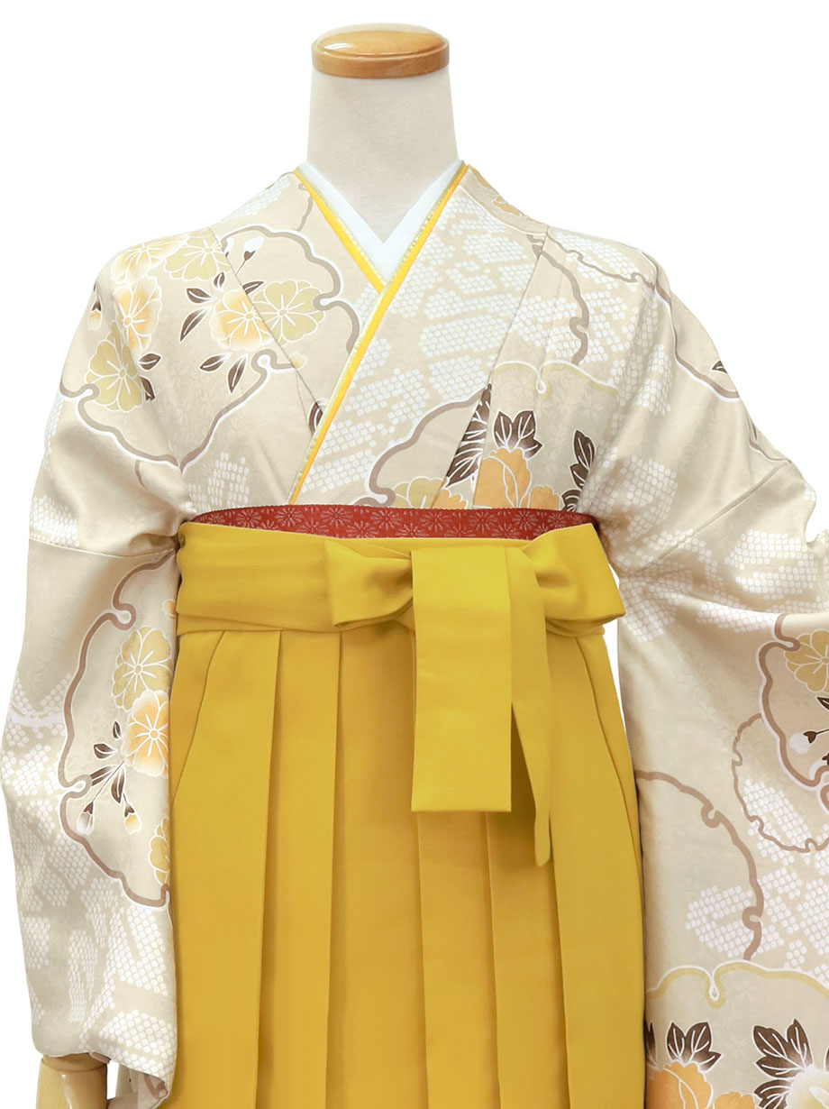 グレージュ地に雪輪・マスタード袴（無地）（二尺袖）／卒業式