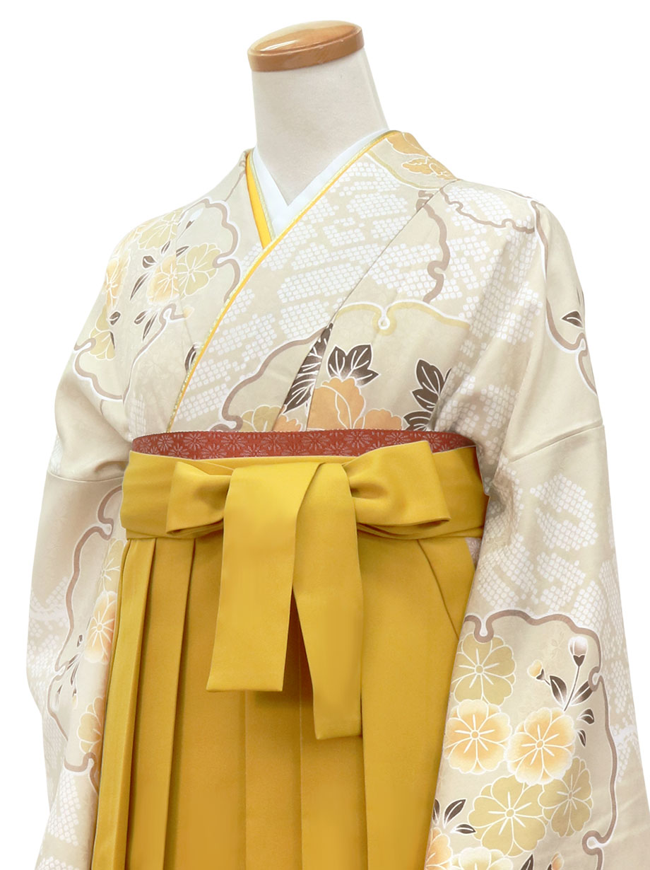 グレージュ地に雪輪・マスタード袴（無地）（二尺袖）／卒業式