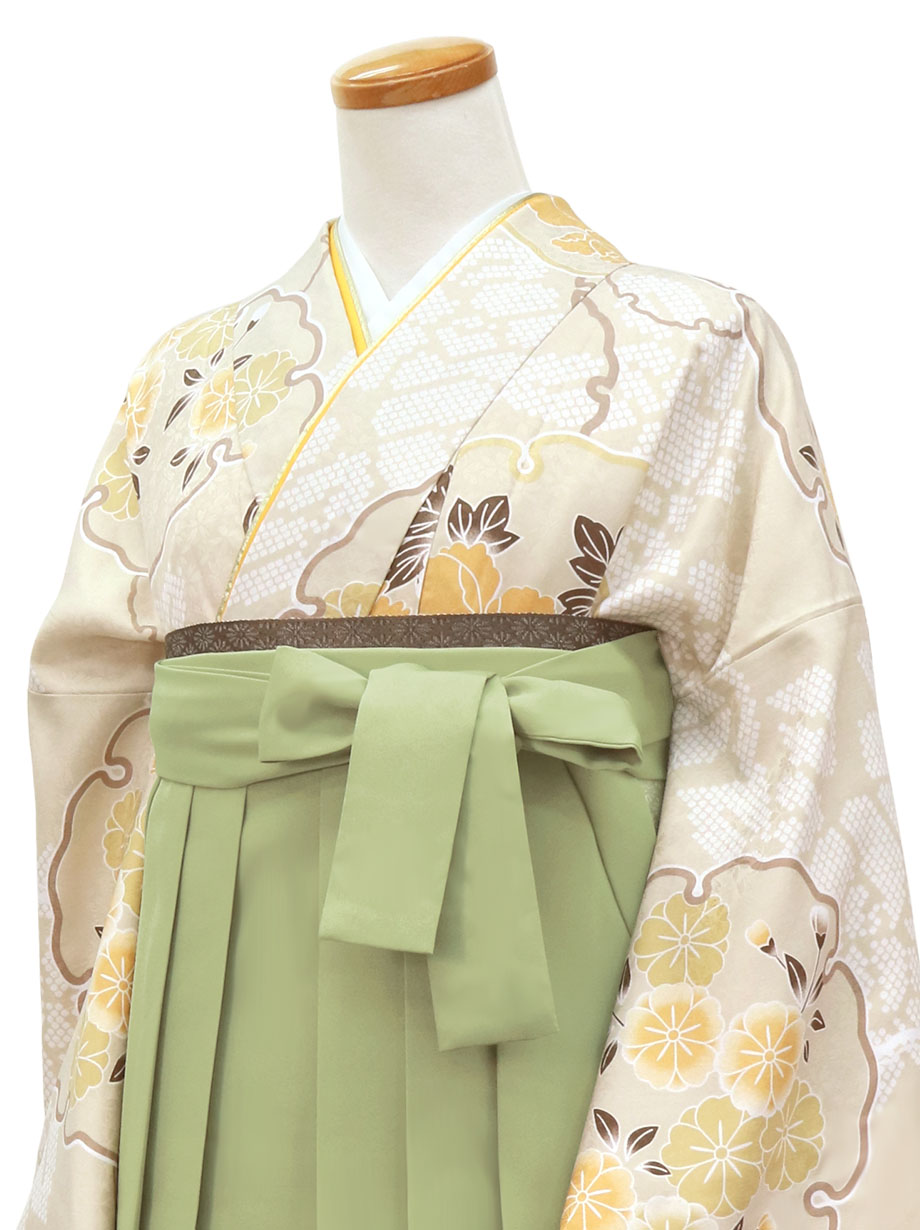 グレージュ地に雪輪・オリーブ袴（無地）（二尺袖）／卒業式