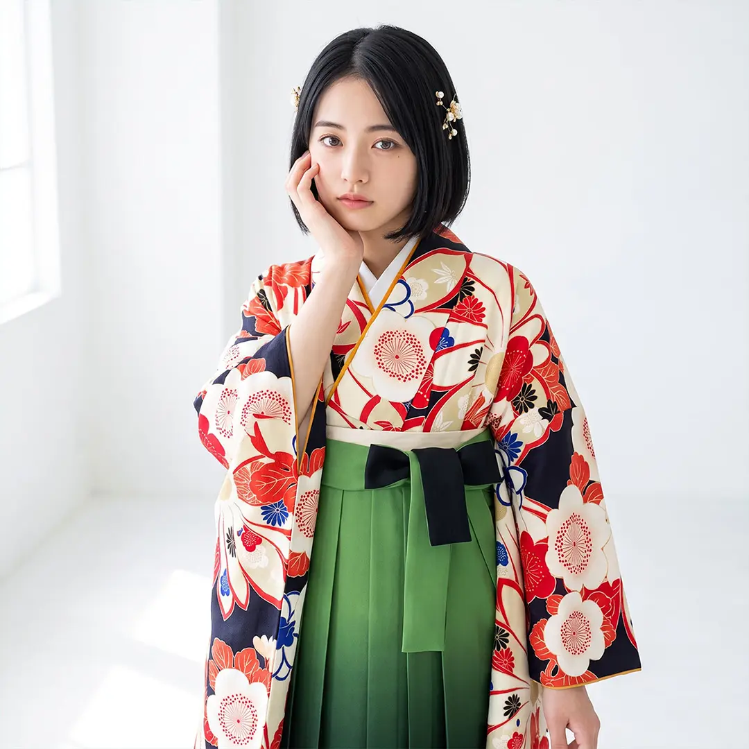 黒地に梅と菊・緑袴（ぼかし） （振袖）／卒業式／着用イメージ