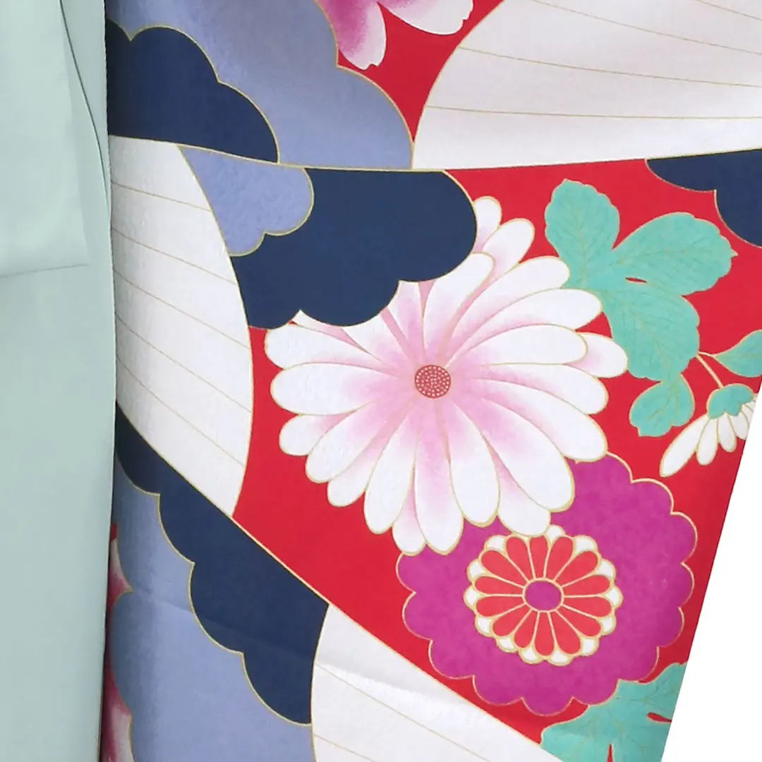 赤地の幾何学模様に菊・くすみグリーン袴（無地） （振袖）／卒業式／柄詳細