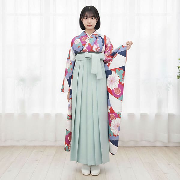 赤地の幾何学模様に菊・くすみグリーン袴（無地） （振袖）／卒業式