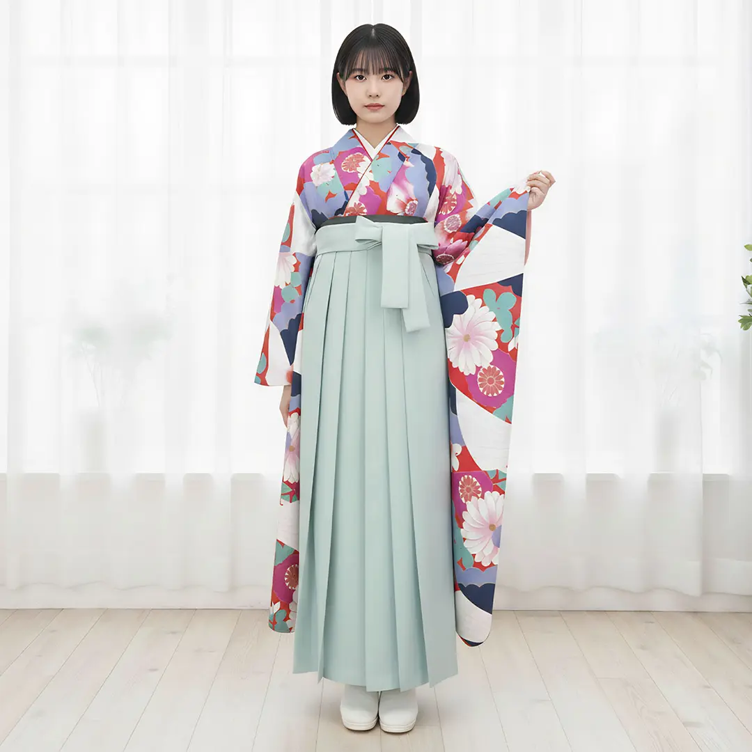 赤地の幾何学模様に菊・くすみグリーン袴（無地） （振袖）／卒業式／着用イメージ