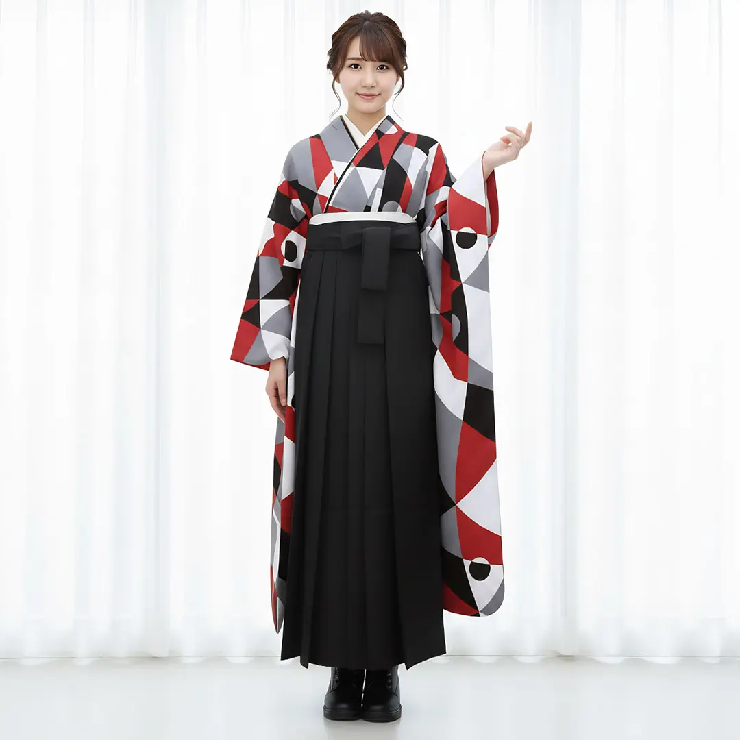 黒と赤の幾何学模様・黒袴（無地） （振袖）／卒業式／着用イメージ