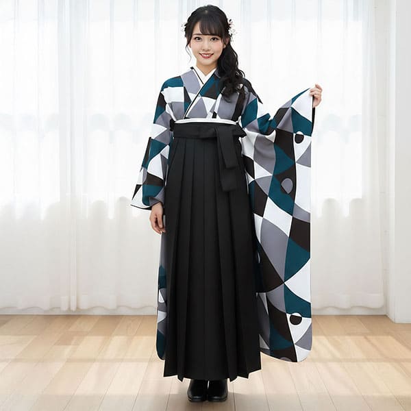 黒と青の幾何学模様・黒袴（無地） （振袖）／卒業式 | 宅配着物