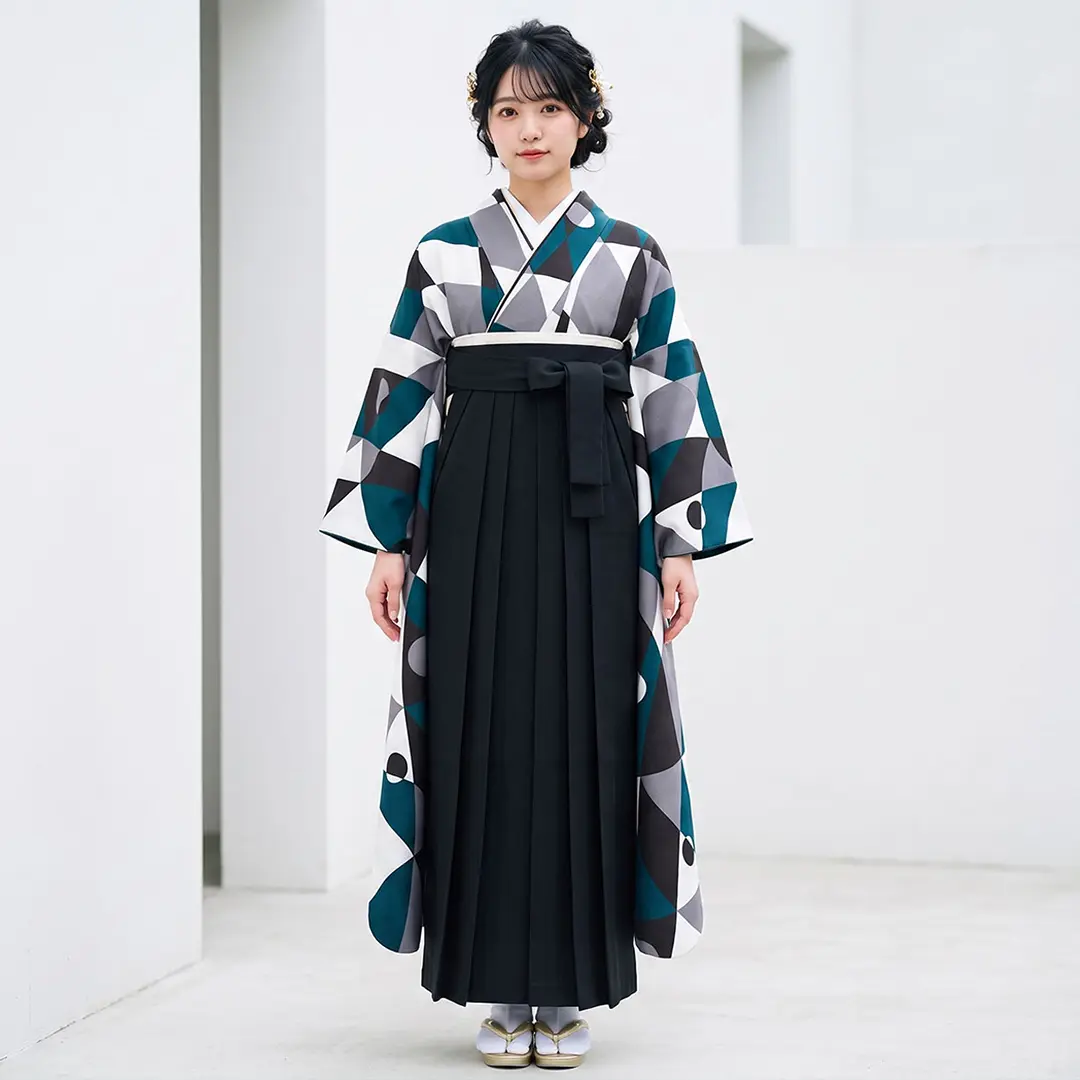 黒と青の幾何学模様・黒袴（無地） （振袖）／卒業式 | 宅配着物