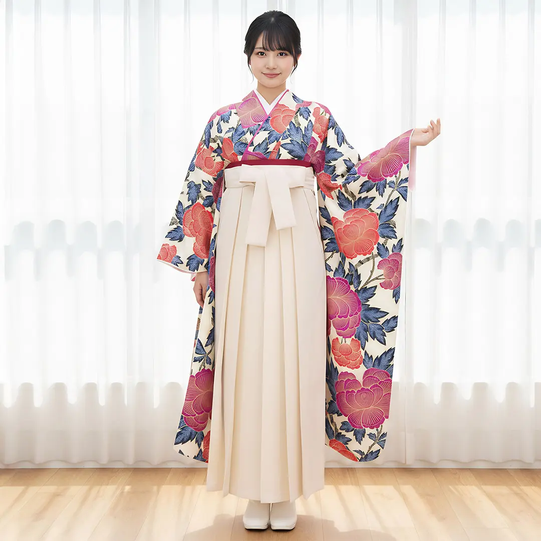 アイボリー地に赤の牡丹文様・アイボリー袴（無地） （振袖）／卒業式／着用イメージ