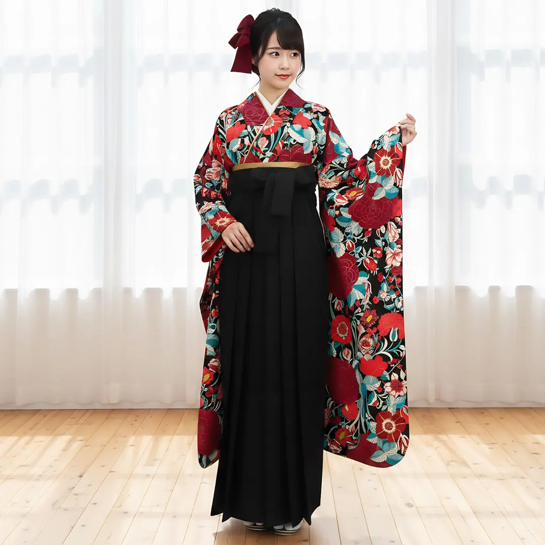 黒地に芍薬と洋花・黒袴（無地） （振袖）／卒業式 | 宅配着物レンタル