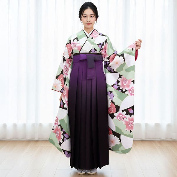 黒地の幾何学模様に菊・紫袴（ぼかし） （振袖）／卒業式 | 宅配着物