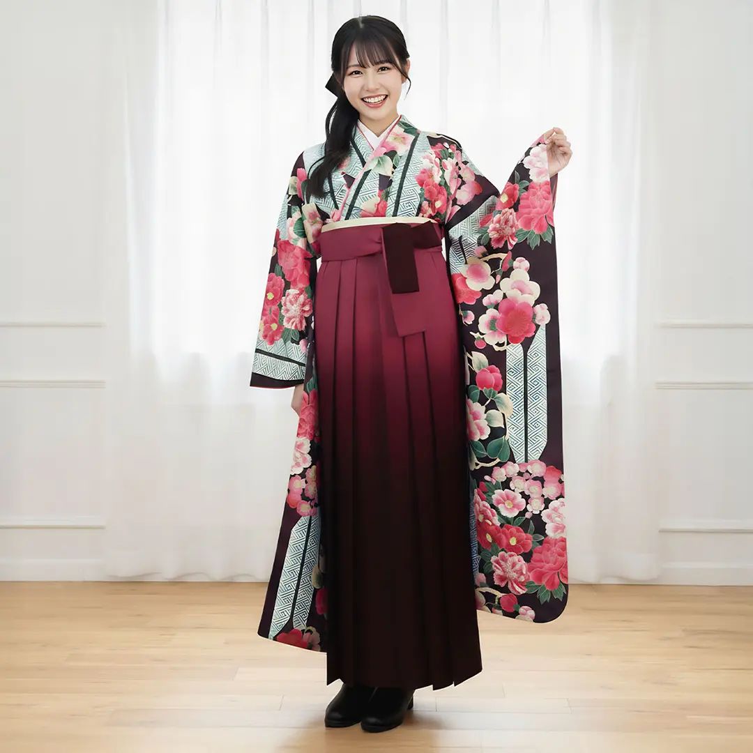 黒地に矢絣と椿・赤袴（ぼかし） （振袖）／卒業式／着用イメージ