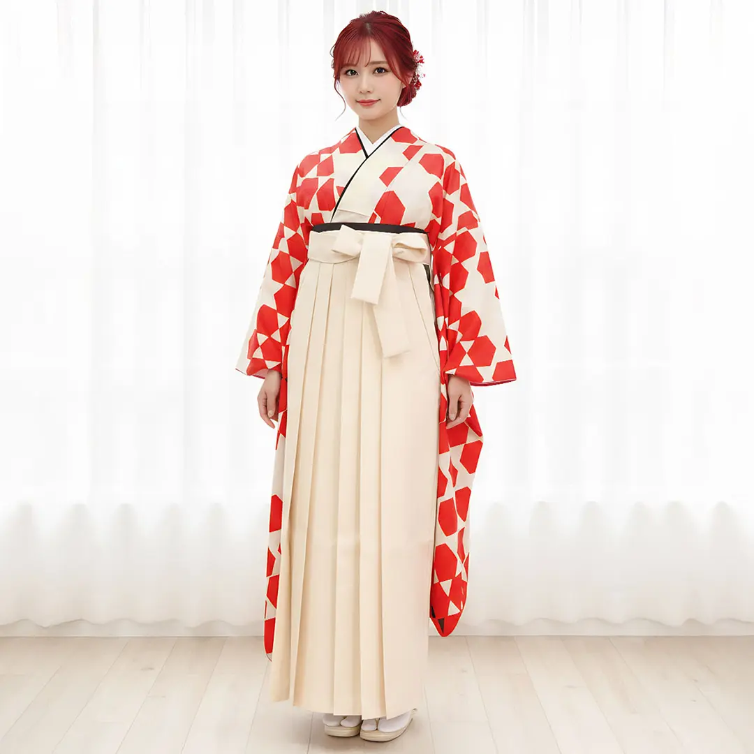 白地に赤の籠目紋・アイボリー袴（無地） （振袖）／卒業式／着用イメージ