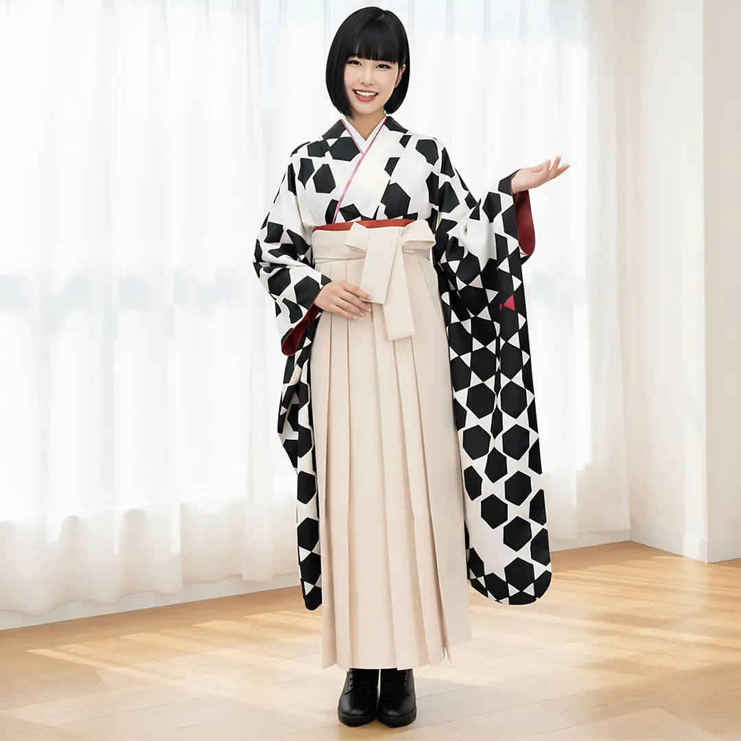 白地に黒の籠目紋・アイボリー袴（無地） （振袖）／卒業式／着用イメージ