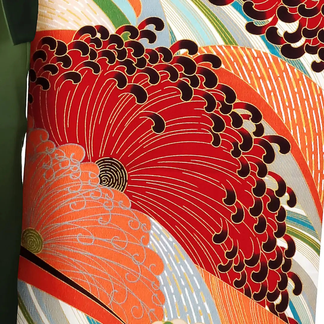 赤とオレンジの菊模様・緑袴（ぼかし）（振袖）／卒業式／柄詳細