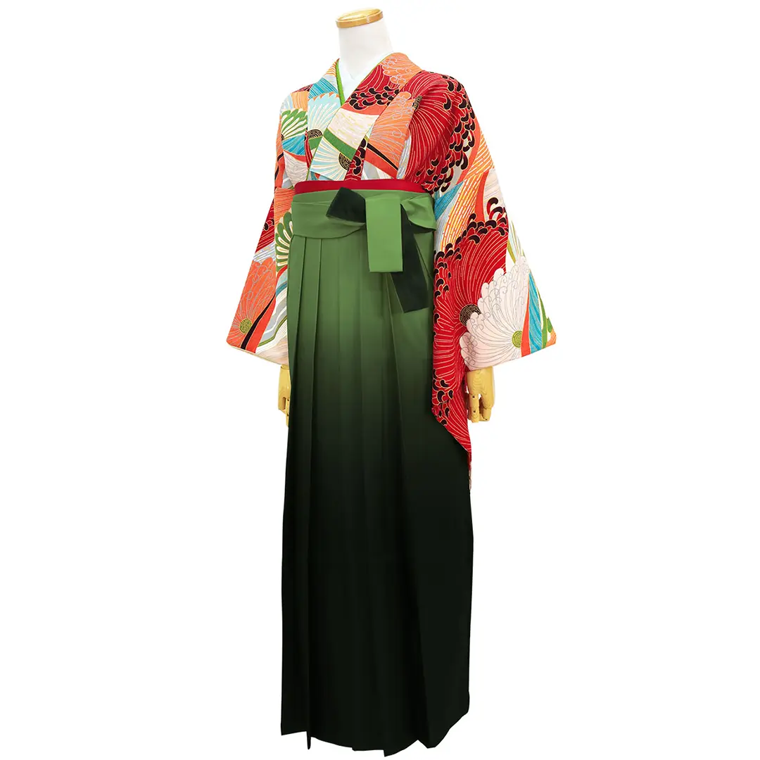 赤とオレンジの菊模様・緑袴（ぼかし）（振袖）／卒業式／斜め
