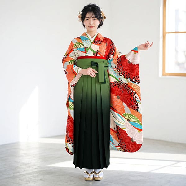 赤とオレンジの菊模様・緑袴（ぼかし） （振袖）／卒業式 | 宅配着物