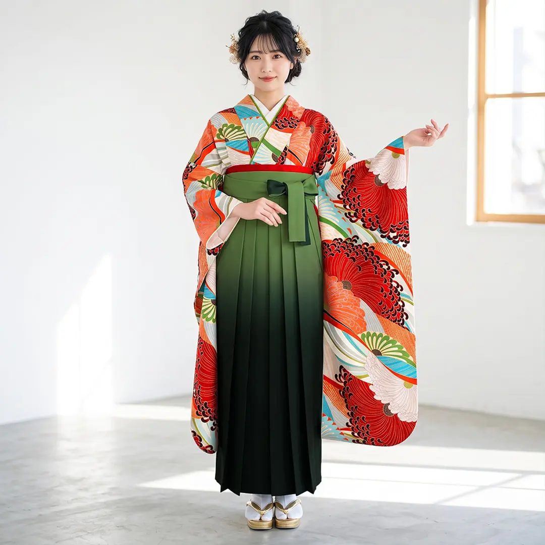赤とオレンジの菊模様・緑袴（ぼかし） （振袖）／卒業式／着用イメージ