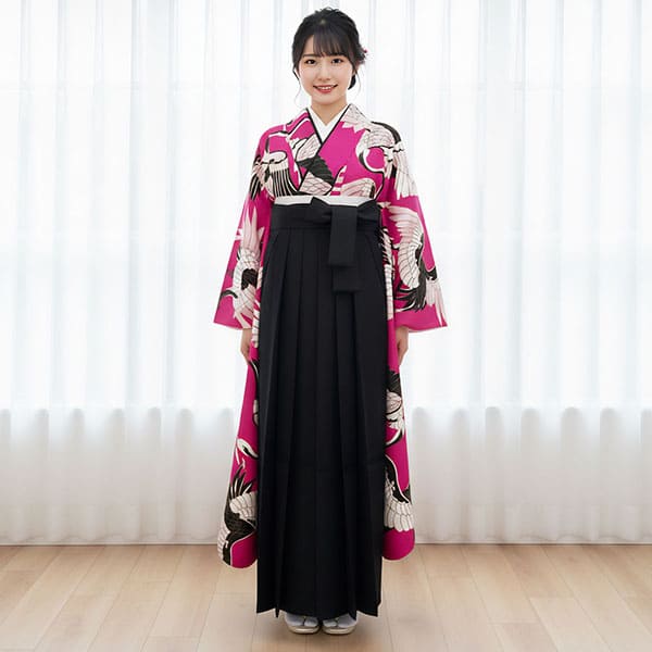マゼンダピンク地に鶴文・黒袴（無地） （振袖）／卒業式 | 宅配着物