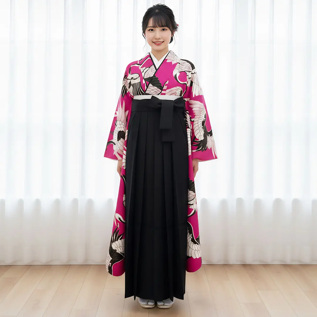 マゼンダピンク地に鶴文・黒袴（無地） （振袖）／卒業式 | 宅配着物