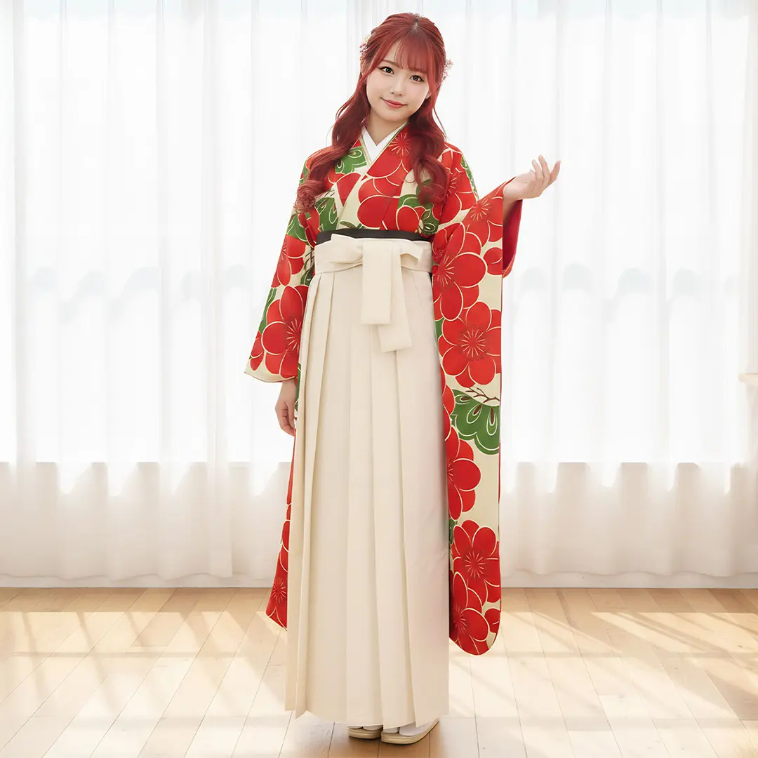 クリーム地に八重梅と松・アイボリー袴（無地） （振袖）／卒業式