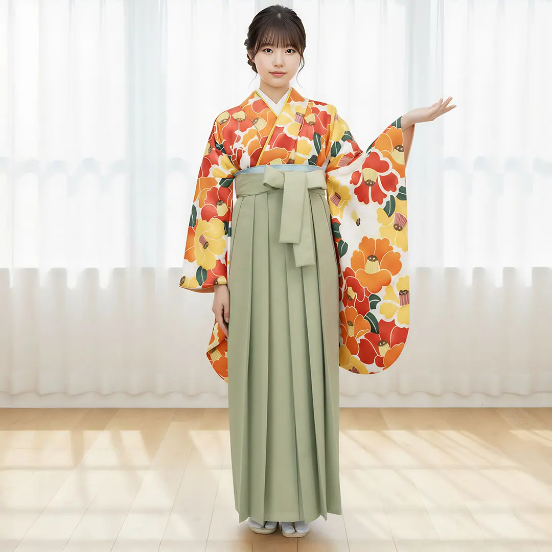 白地に紅白、山吹色の椿づくし・オリーブ袴（無地） （二尺袖）／卒業式 着用イメージ