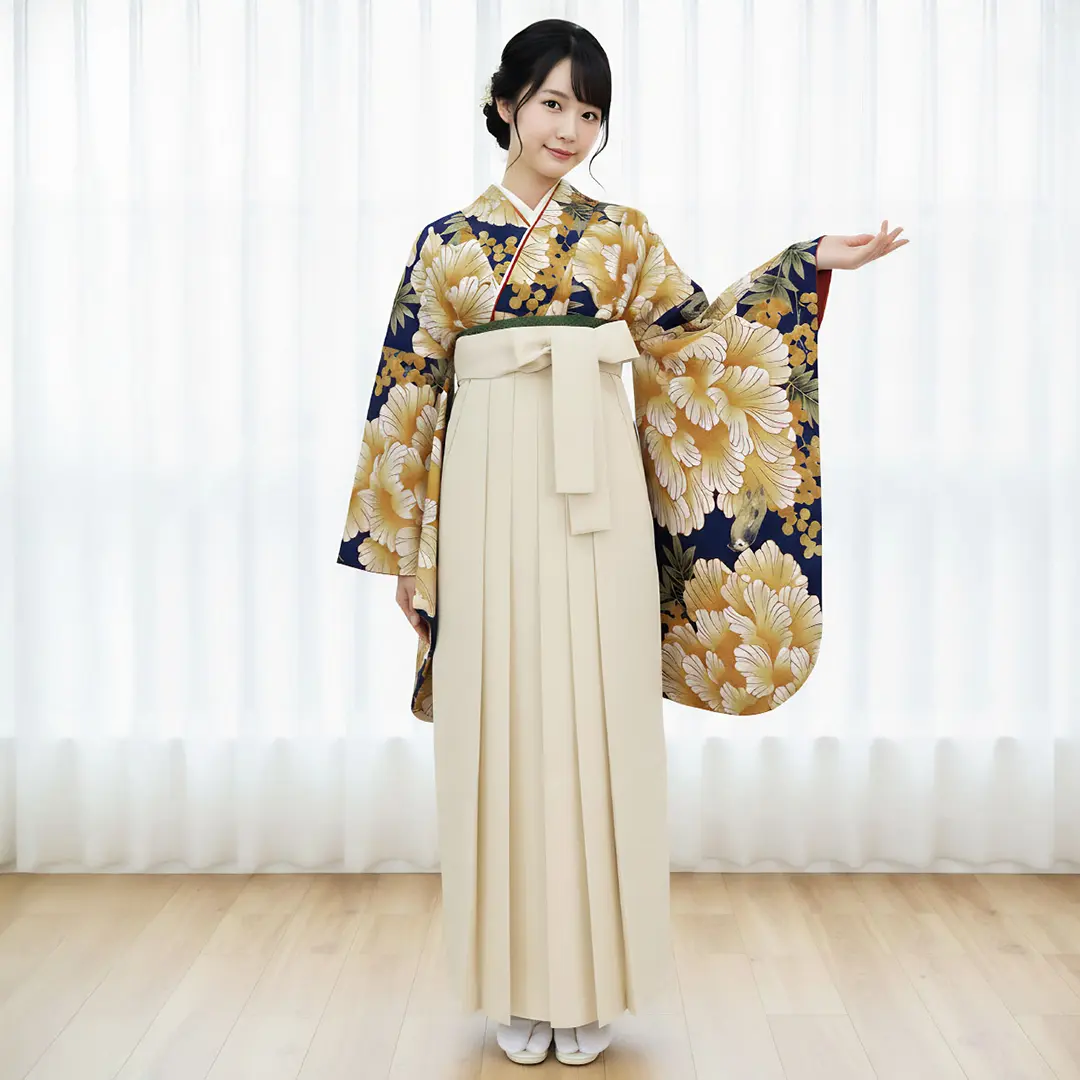 紺地に洋花と小鳥・アイボリー袴（無地） （二尺袖）／卒業式 | 宅配