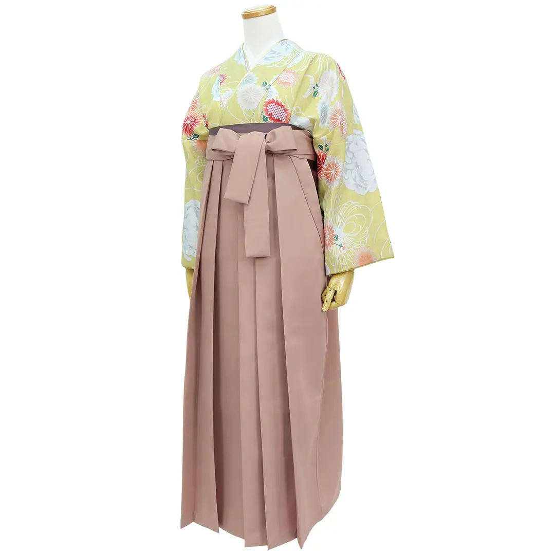 黄色地に菊尽くし・モカ袴（無地） （二尺袖）／卒業式／斜め