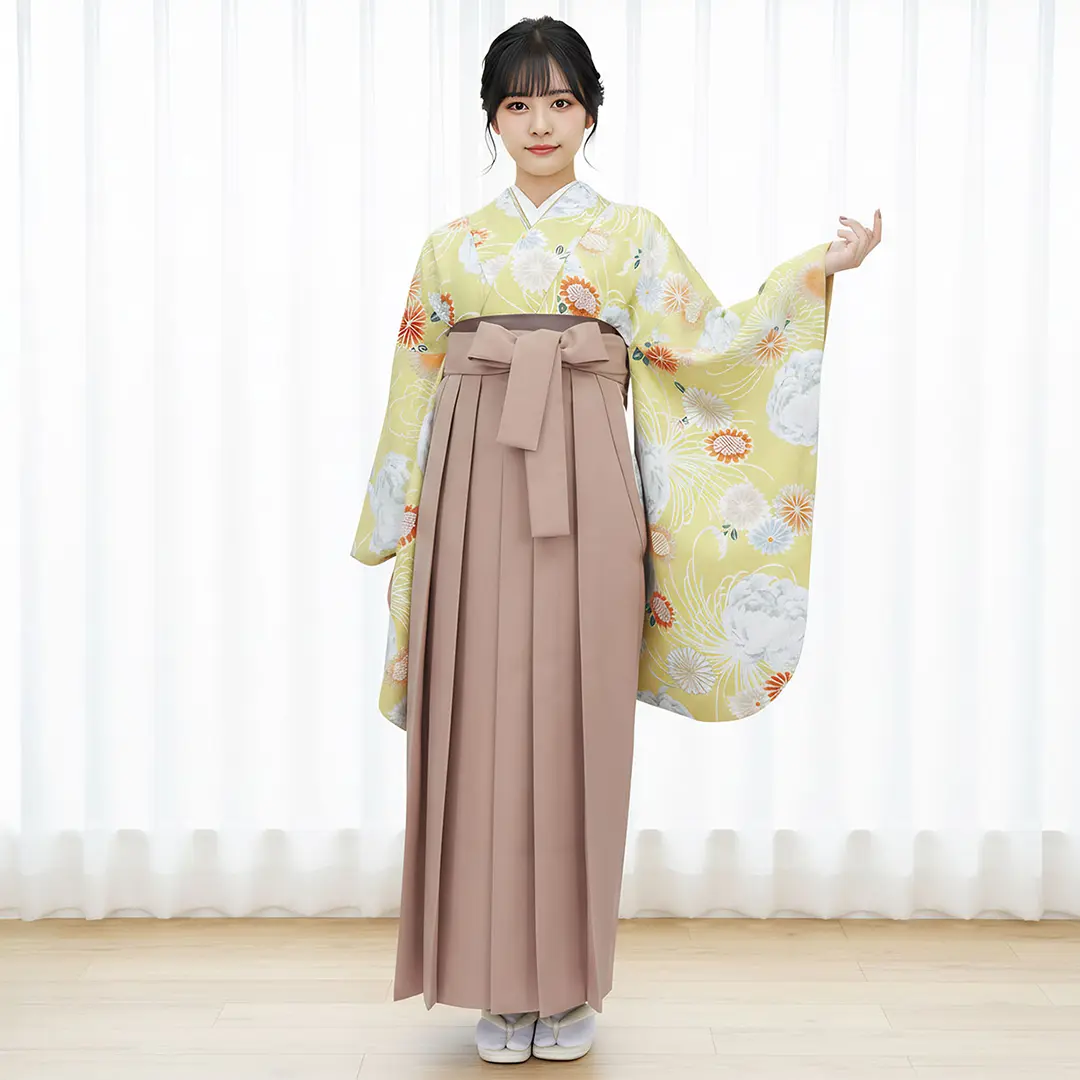 黄色地に菊尽くし・モカ袴（無地） （二尺袖）／卒業式