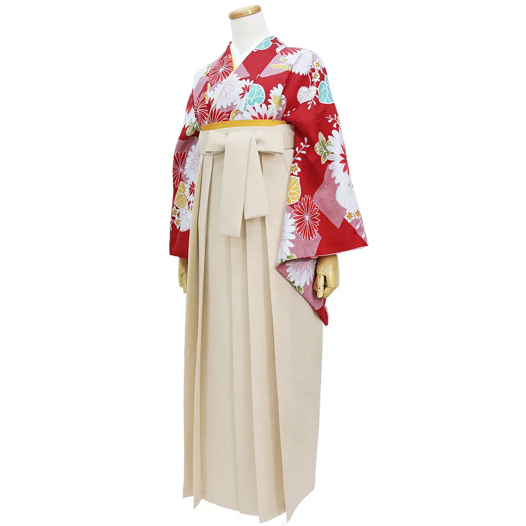赤地に菊と葵・アイボリー袴（無地） （二尺袖）／卒業式／斜め
