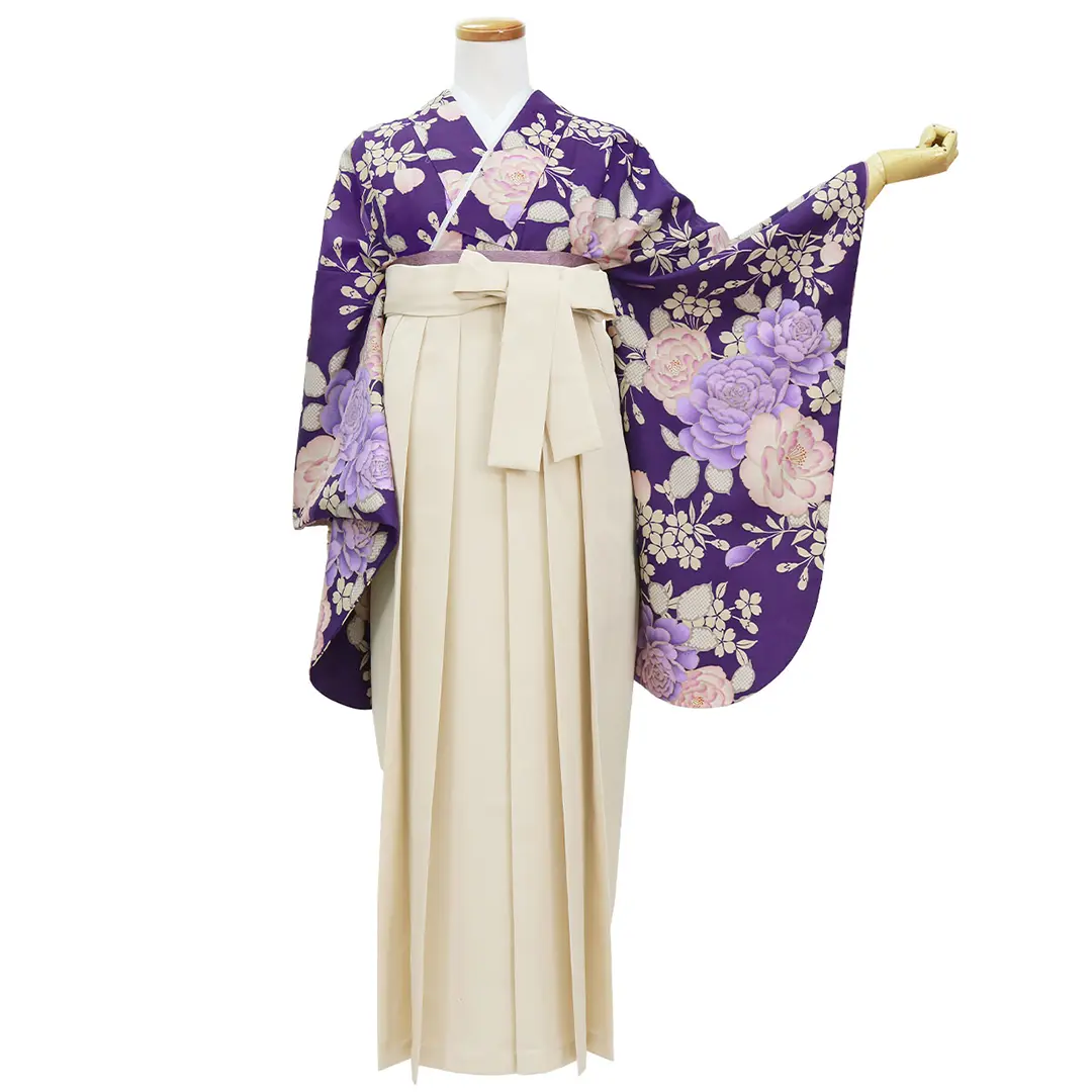 紫地に牡丹と桜文・アイボリー袴（無地） （二尺袖）／卒業式