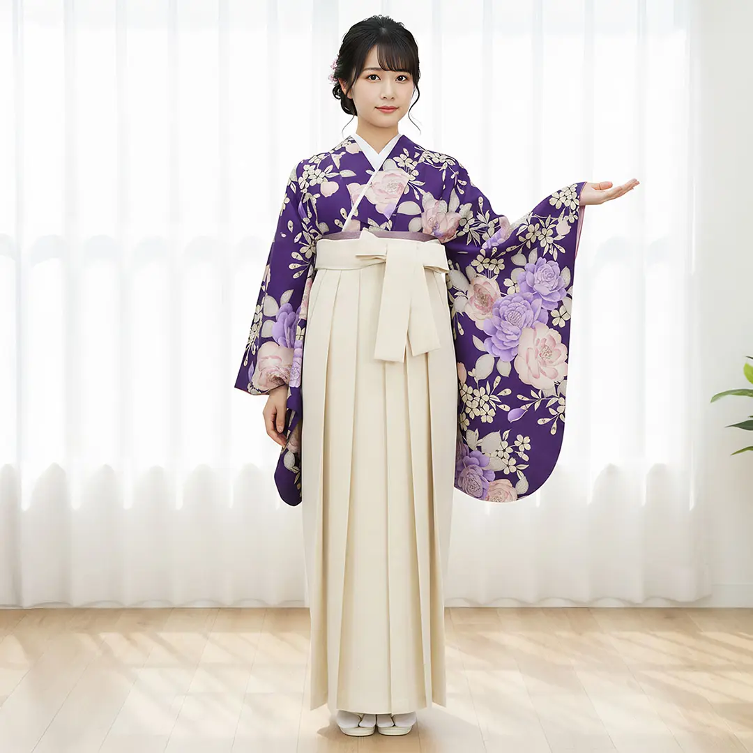 紫地に牡丹と桜文・アイボリー袴（無地） （二尺袖）／卒業式／着用イメージ