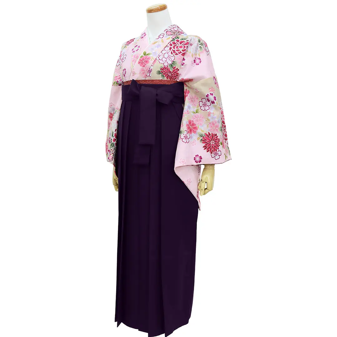 ピンク地に牡丹と菊・紫袴（無地） （二尺袖）／卒業式／斜め