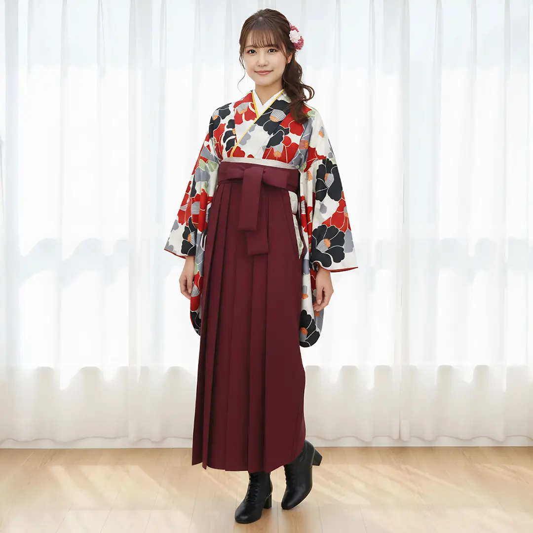 卒業式袴レンタル／白地に紅白、灰色の椿づくし・臙脂袴（無地） （二