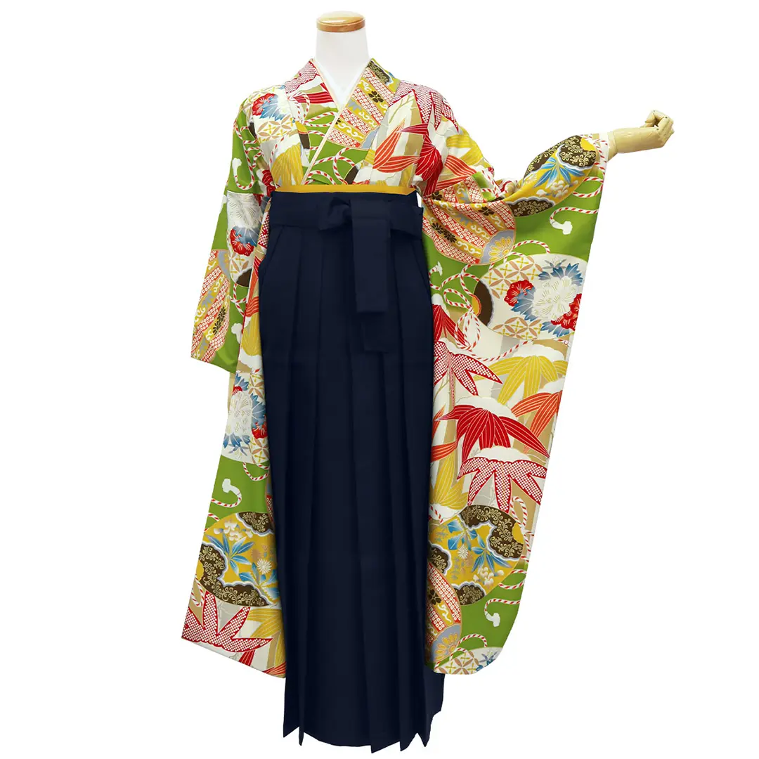 黄緑地に竹模様・紺袴（無地） （振袖）／卒業式