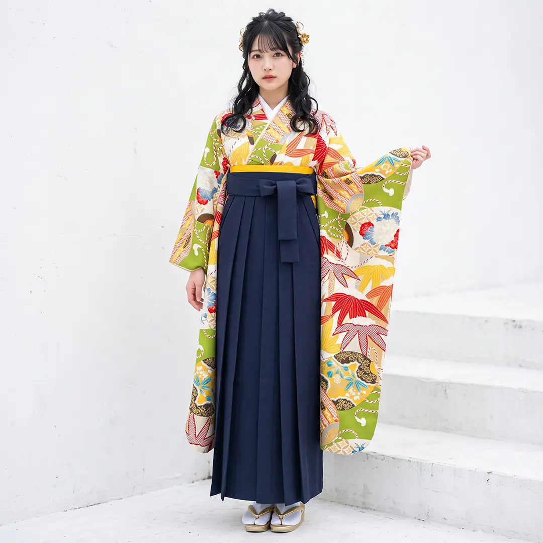黄緑地に竹模様・紺袴（無地） （振袖）／卒業式／着用イメージ