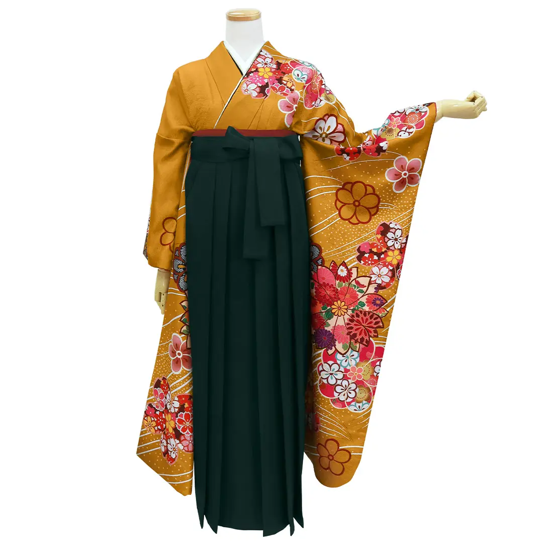 卒業式袴レンタル／山吹色に桜と梅・深緑袴（無地） （振袖）／卒業式