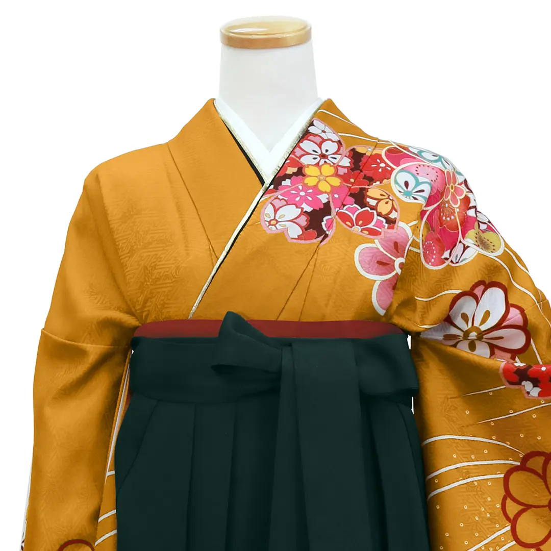 卒業式袴レンタル／山吹色に桜と梅・深緑袴（無地） （振袖）／卒業式
