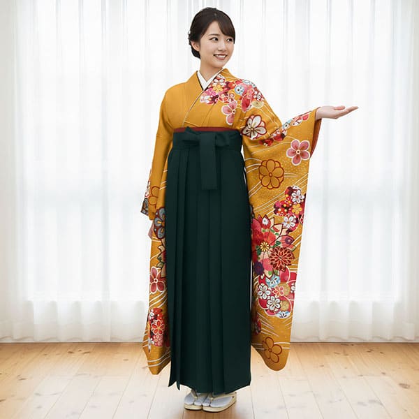 桜　振袖　着物　振袖・袴セット　卒業式　成人式 卒業式袴レンタル／山吹色に桜と梅・深緑袴（無地） （振袖）／卒業式