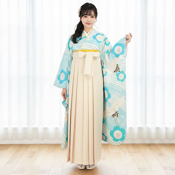 卒業式袴レンタル／大正ロマンな鶴に梅・アイボリー袴（無地） （振袖