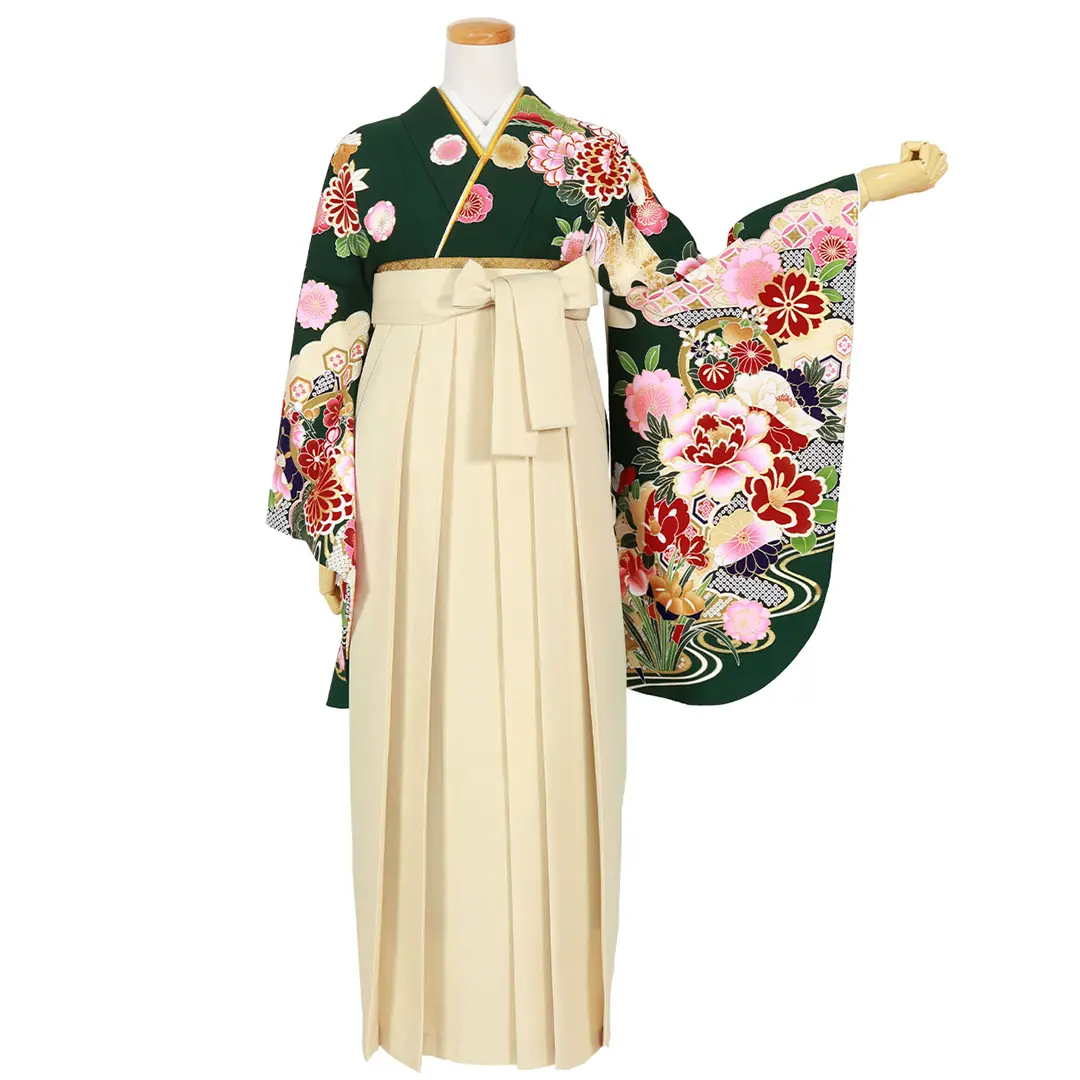 深緑地に流水と杜若と花・アイボリー袴（無地） （二尺袖）／卒業式／正面