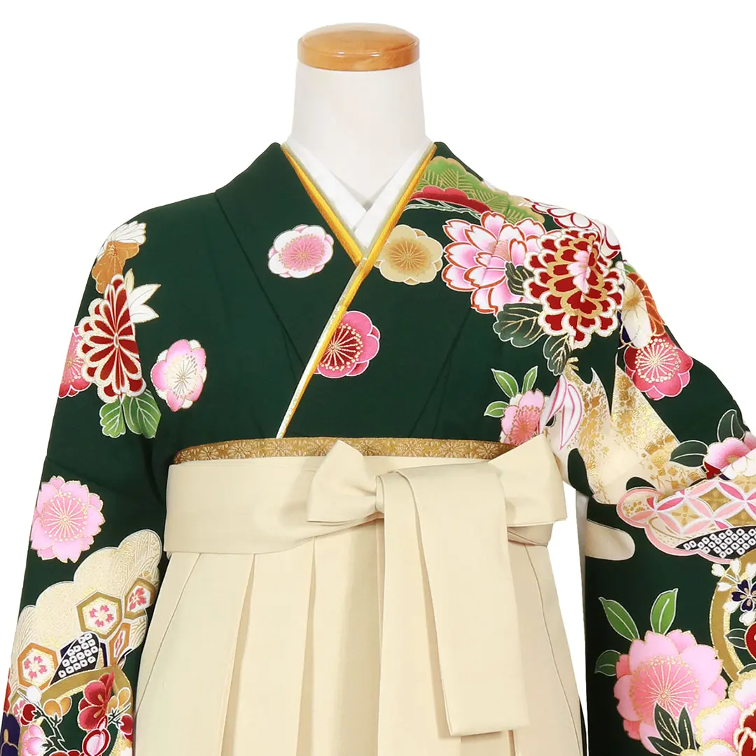 深緑地に流水と杜若と花・アイボリー袴（無地） （二尺袖）／卒業式／正面詳細