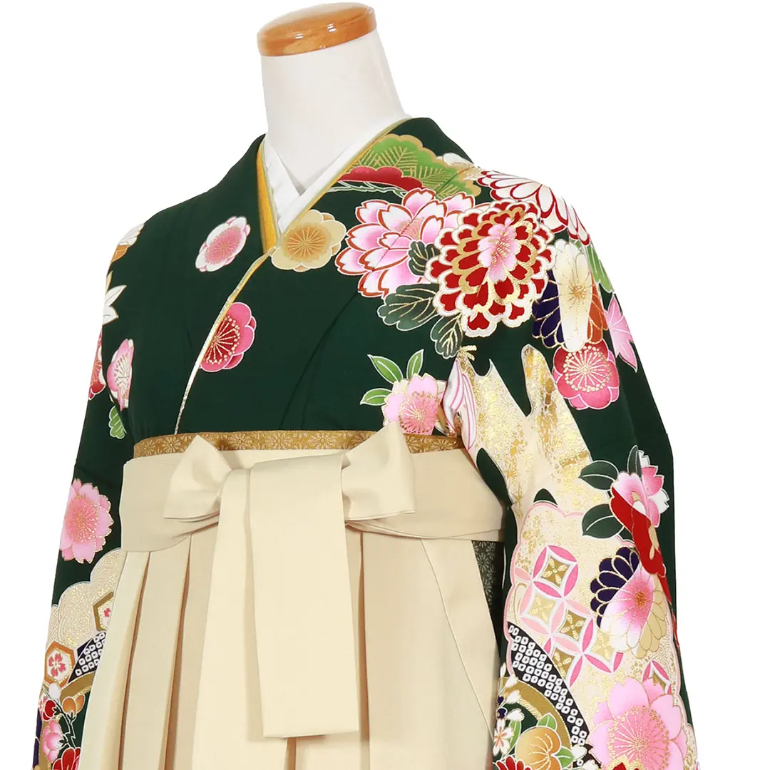 深緑地に流水と杜若と花・アイボリー袴（無地） （二尺袖）／卒業式／斜め詳細