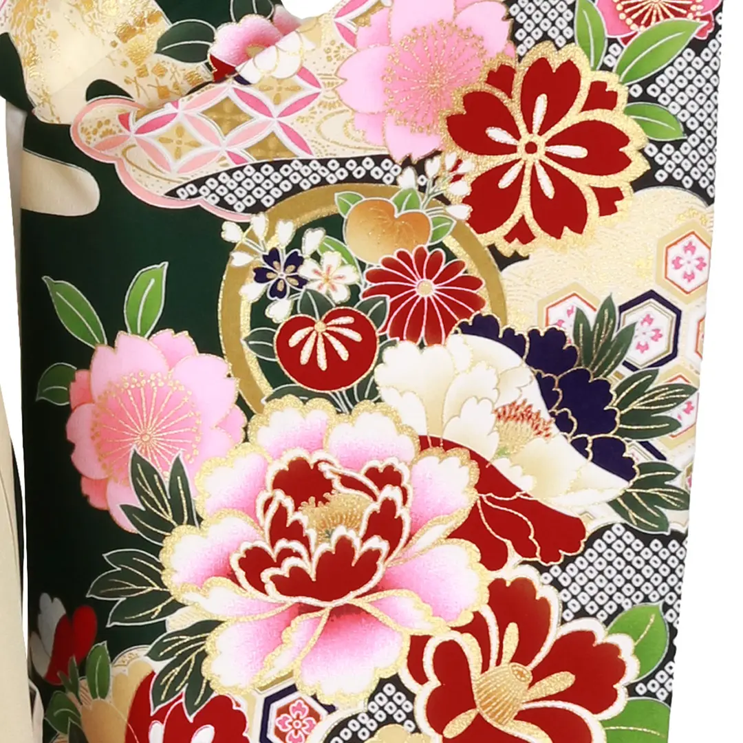 深緑地に流水と杜若と花・アイボリー袴（無地） （二尺袖）／卒業式／左袖柄詳細