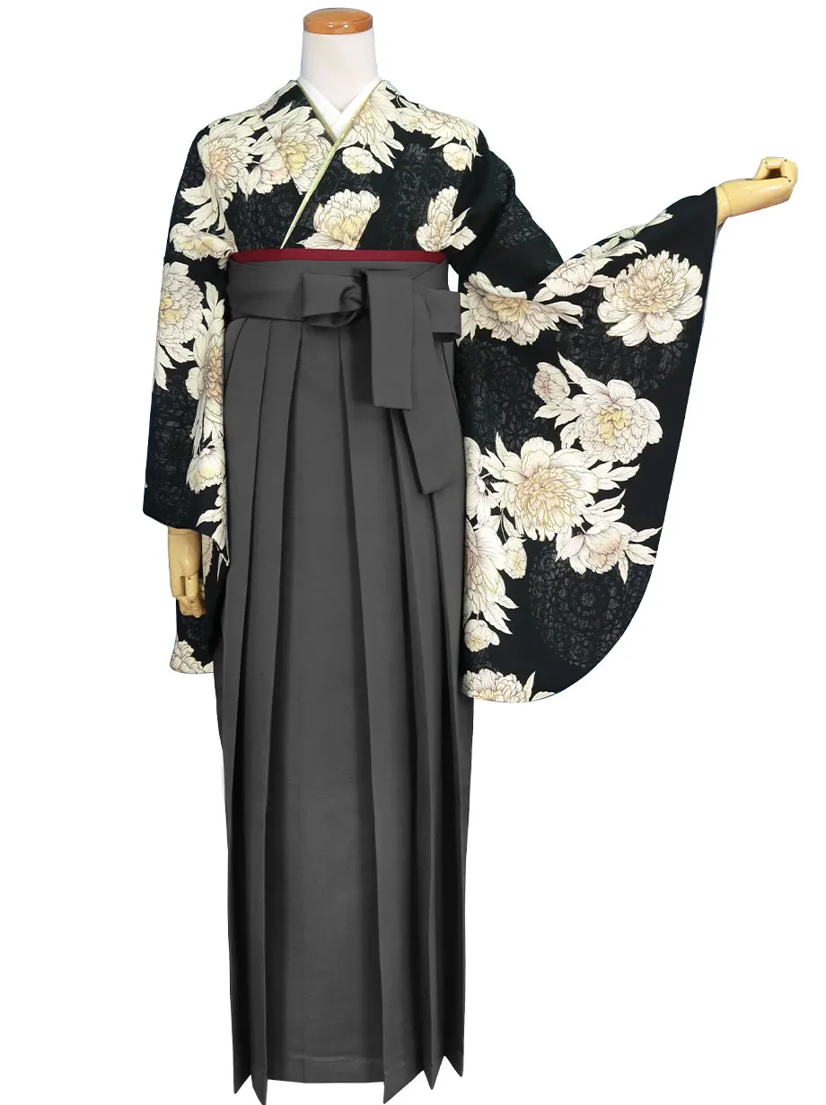 黒地に大輪の白牡丹・墨色袴（無地） （二尺袖）／卒業式 | 宅配