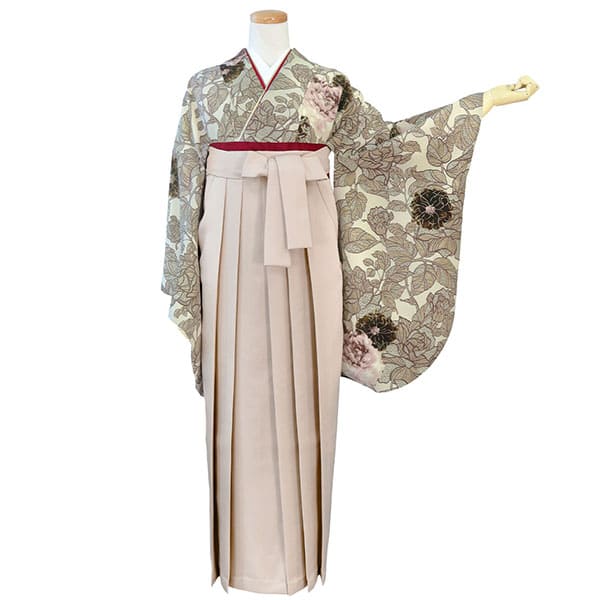 グレージュ地にブラウンの薔薇・グレージュ袴（無地） （二尺袖）／卒業式